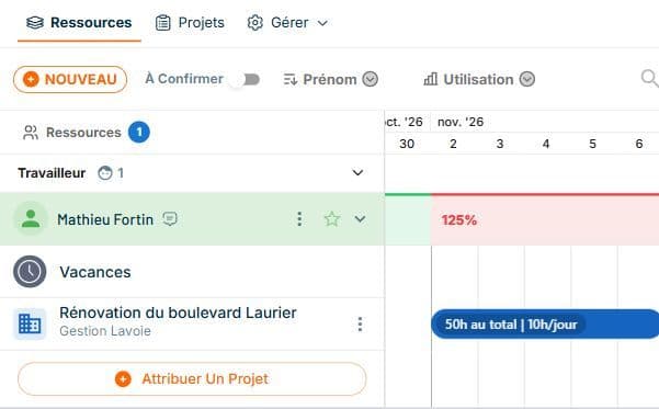 Vue Ressources montrant une utilisation de 125 pour cent pour Mathieu Fortin pendant la semaine du 2 novembre, avec une seule affectation de chantier