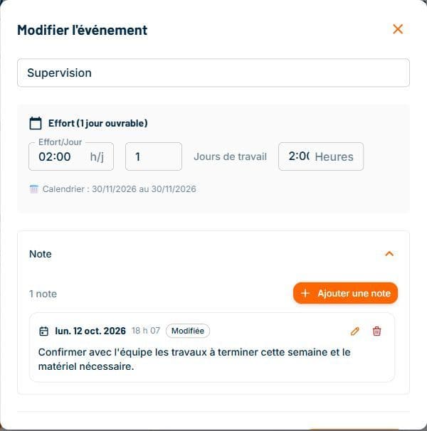 Événement Supervision du 30 novembre 2026 avec deux heures prévues et une note enregistrée pour préparer les points à régler avec l'équipe