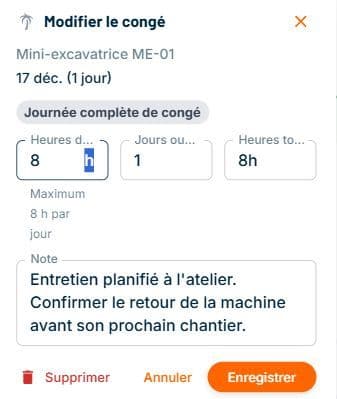 Journée d'arrêt de Mini-excavatrice ME-01 le 17 décembre avec huit heures d'indisponibilité et une note sur l'entretien à l'atelier