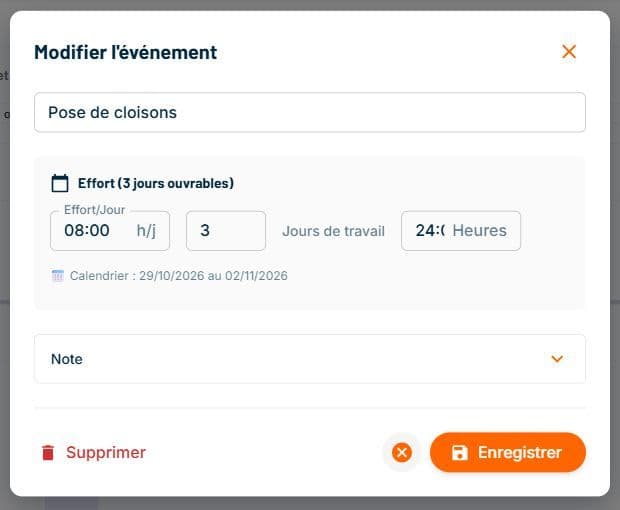 Formulaire d'affectation ConstruMD indiquant trois jours ouvrables à huit heures par jour, avec une période du 29 octobre au 2 novembre 2026