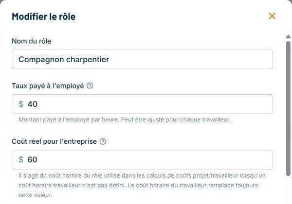 Formulaire du rôle Compagnon charpentier dans ConstruMD montrant un taux payé de 40$ et un coût réel pour l'entreprise de 60$