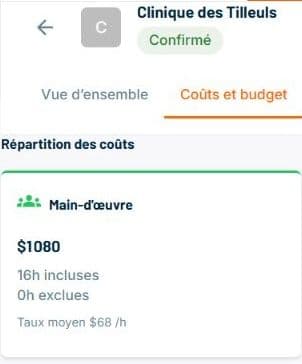 Onglet Coûts et budget du projet Clinique des Tilleuls montrant 1 080$ de main-d'œuvre pour 16 heures incluses