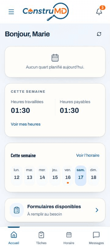 Résumé hebdomadaire de Marie Tremblay dans l’application ConstruMD sur cellulaire, avec les heures travaillées, les heures payables et l’accès à son historique.