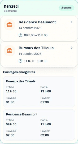 Deux pointages du 14 octobre répartis entre Bureaux des Tilleuls et Résidence Beaumont sur mobile
