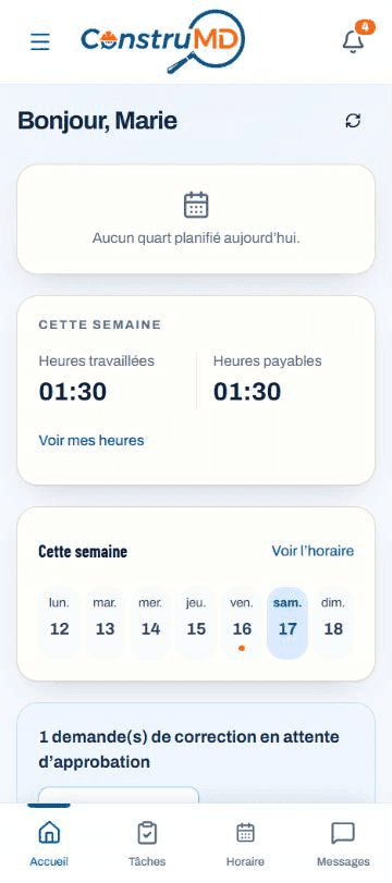 Accueil mobile de Marie dans ConstruMD, avec son résumé hebdomadaire et une demande de correction en attente d’approbation.