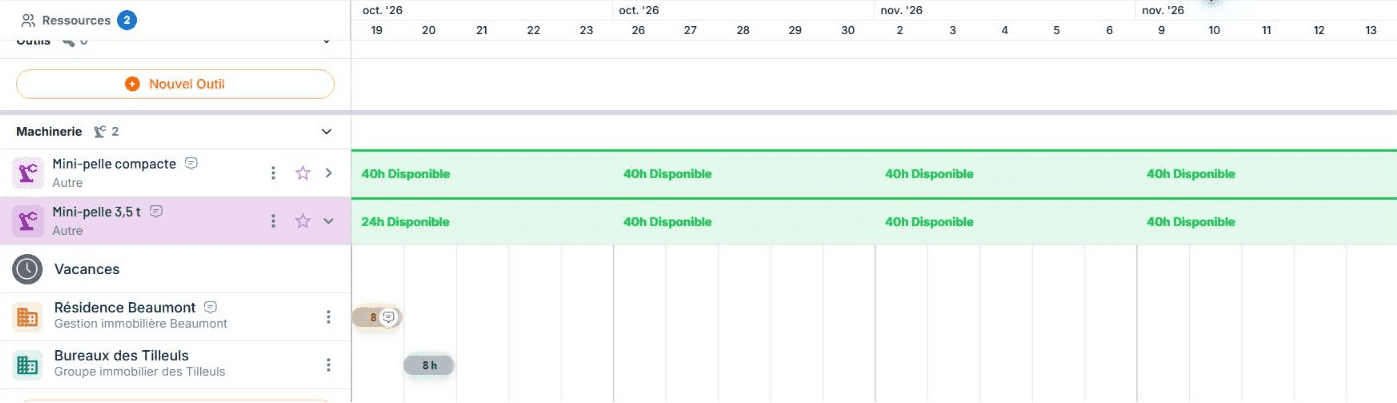 Réservations de la mini-pelle MP-01 sur Résidence Beaumont et Bureaux des Tilleuls dans le calendrier