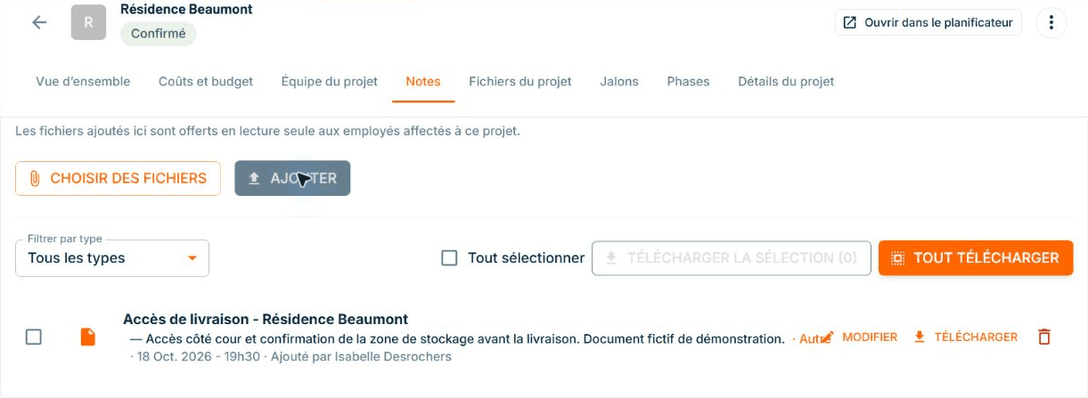 Document d’accès à la livraison ajouté au projet Résidence Beaumont dans ConstruMD