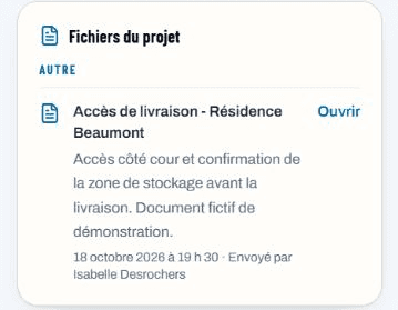 Section Fichiers de Résidence Beaumont sur le cellulaire avec le document d’accès et le bouton Ouvrir