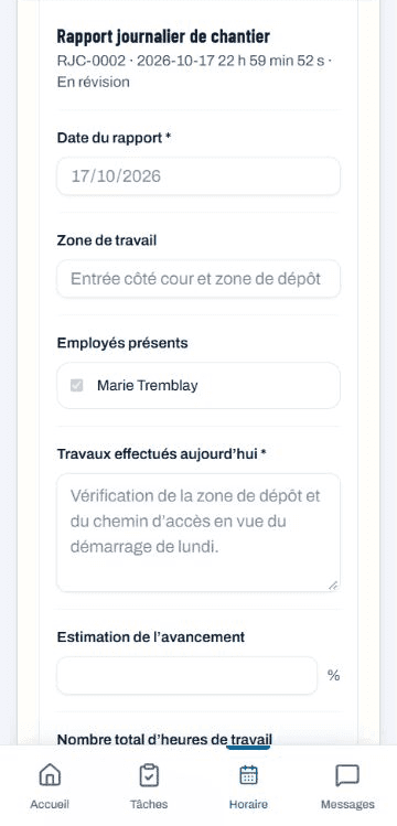 Rapport journalier RJC-0002 dans l’application mobile ConstruMD, avec la date, la zone de travail, Marie Tremblay et les travaux effectués.