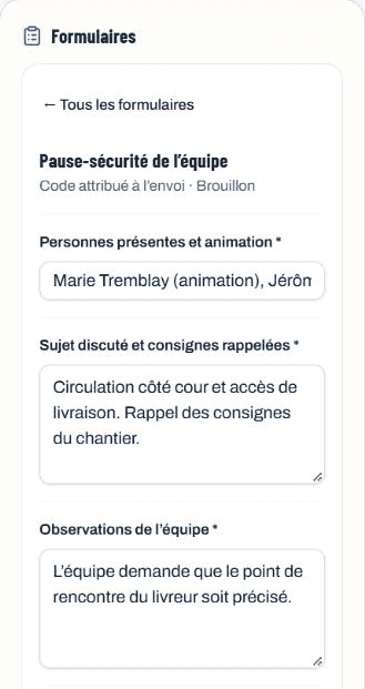 Formulaire Pause-sécurité de l’équipe sur cellulaire avec le sujet discuté et les observations