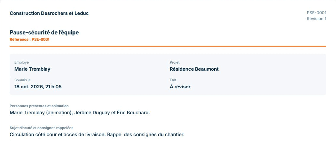 Compte rendu PSE-0001 à réviser avec les personnes présentes et le sujet de la pause-sécurité