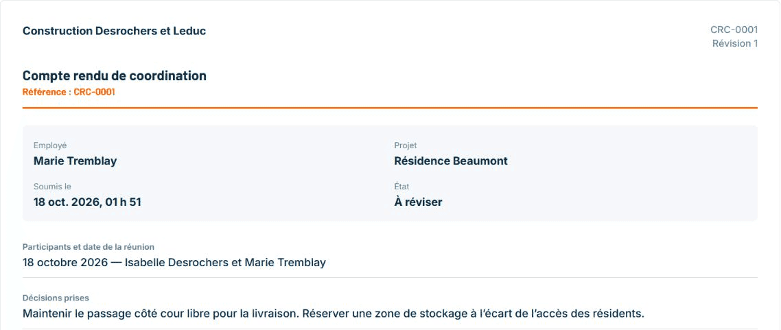Compte rendu CRC-0001 reçu au bureau avec Marie Tremblay, Résidence Beaumont et les décisions