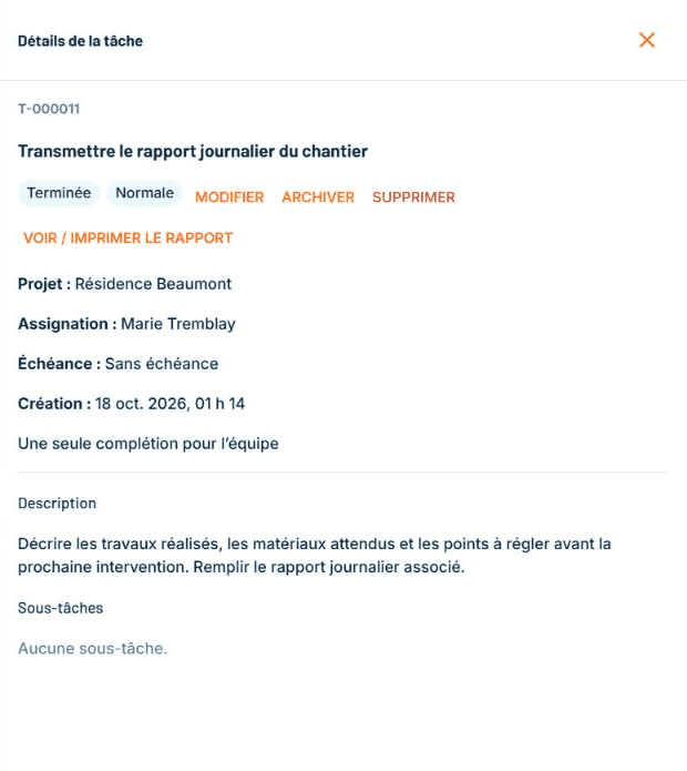Détails employeur de la tâche T-000011 dans ConstruMD, terminée après approbation, avec Marie Tremblay, Résidence Beaumont et les consignes du rapport.