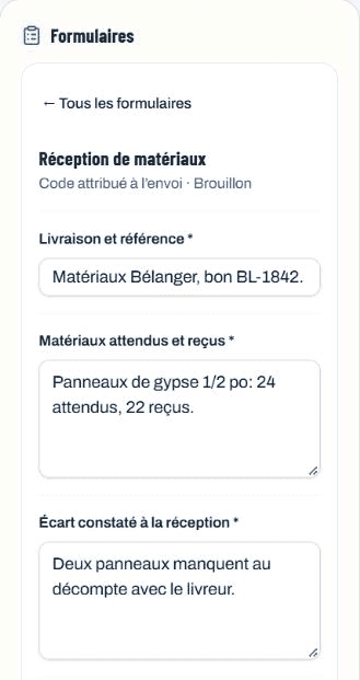 Formulaire mobile Réception de matériaux avec la référence de livraison, les matériaux attendus et reçus et l’écart constaté