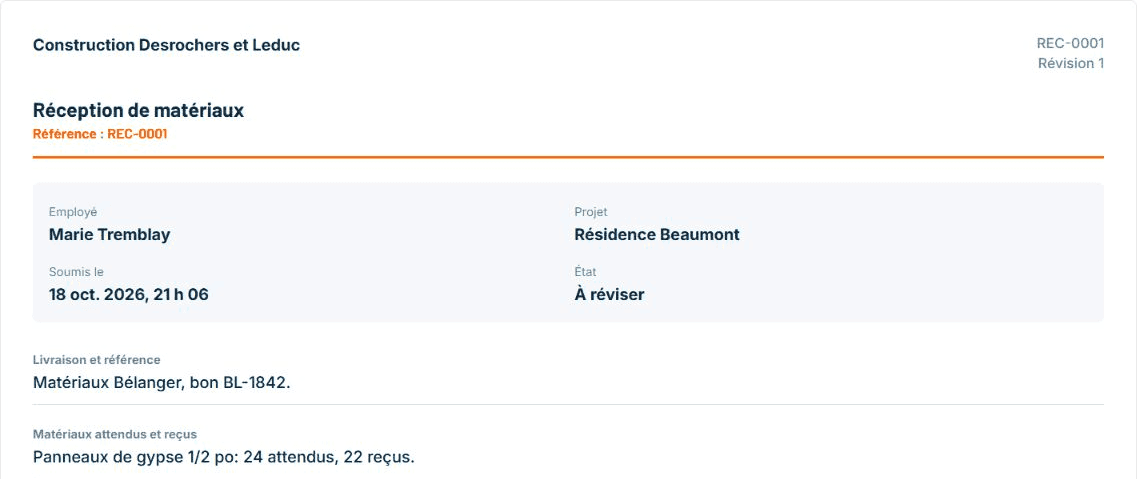 Rapport REC-0001 de Marie Tremblay pour Résidence Beaumont, reçu au bureau avec le statut À réviser