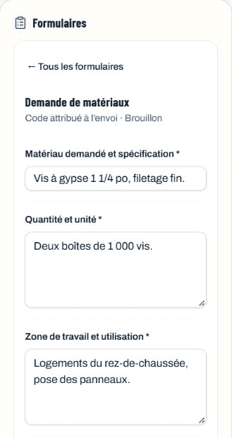 Formulaire mobile Demande de matériaux avec les spécifications, la quantité et la zone de travail