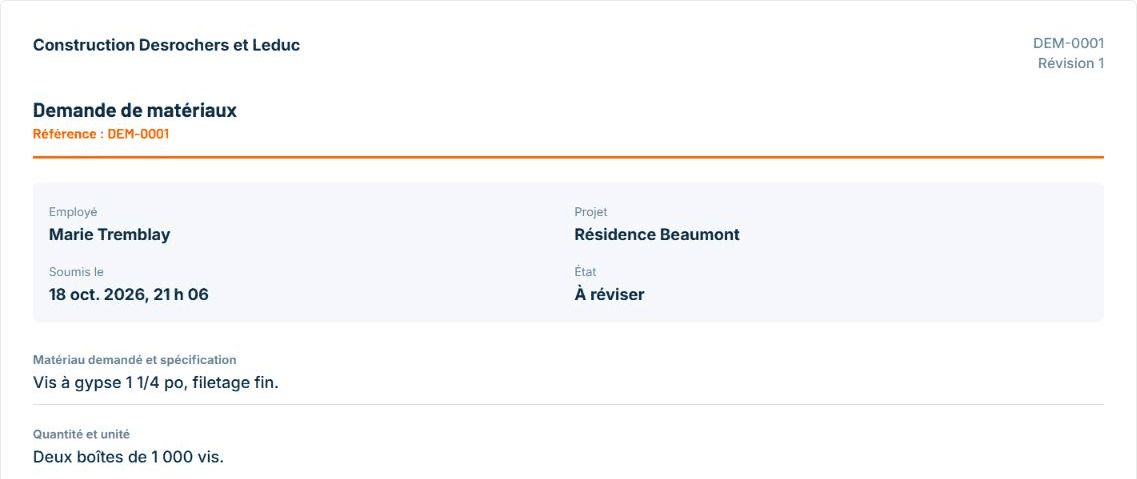 Demande DEM-0001 de Marie Tremblay pour Résidence Beaumont, reçue au bureau avec le statut À réviser