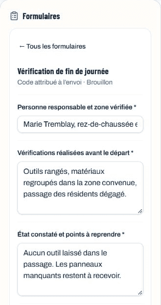 Formulaire Vérification de fin de journée sur cellulaire avec la zone et les vérifications réalisées