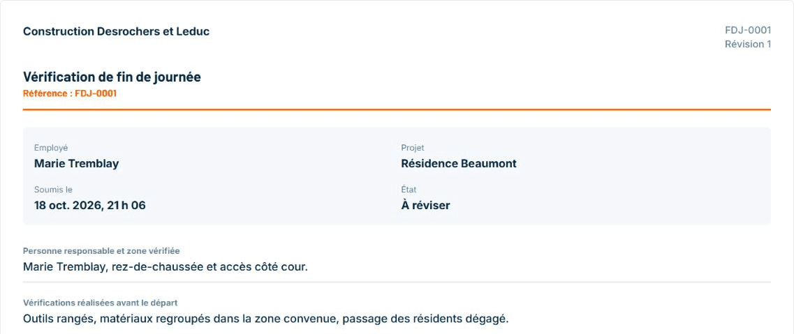 Compte rendu FDJ-0001 à réviser avec la zone et les vérifications de fin de journée