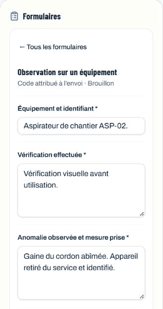Formulaire mobile ConstruMD avec l’aspirateur ASP-02, la vérification effectuée et l’anomalie observée