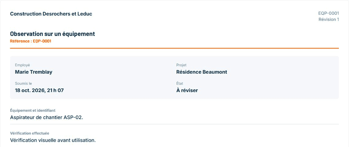 Compte rendu EQP-0001 de Marie Tremblay à Résidence Beaumont avec date, état À réviser et appareil ASP-02