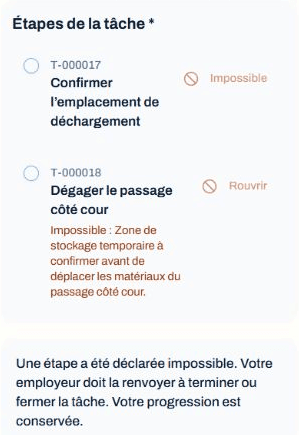 Étape de tâche déclarée impossible sur le cellulaire avec sa raison