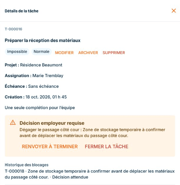 Détails de tâche au bureau avec le projet, Marie Tremblay et la décision attendue