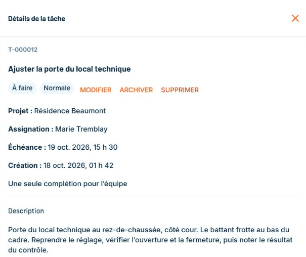 Tâche de correction d’une porte avec description, responsable et échéance