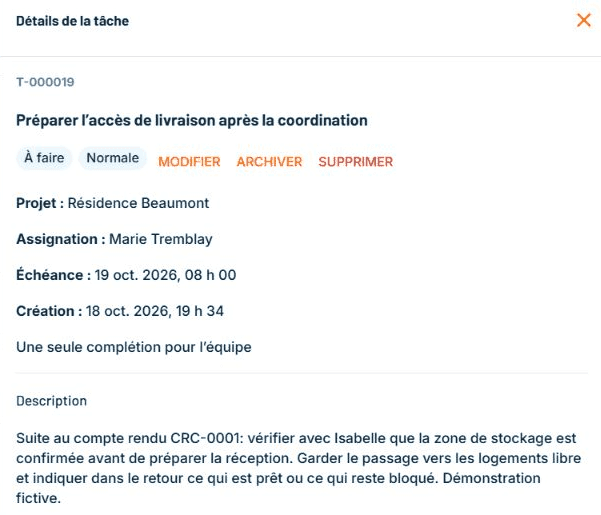 Tâche de préparation de livraison attribuée à Marie Tremblay pour Résidence Beaumont avec échéance