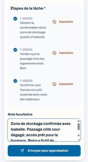 Retour de Marie Tremblay sur cellulaire avec trois étapes cochées et note confirmant que l’accès est prêt