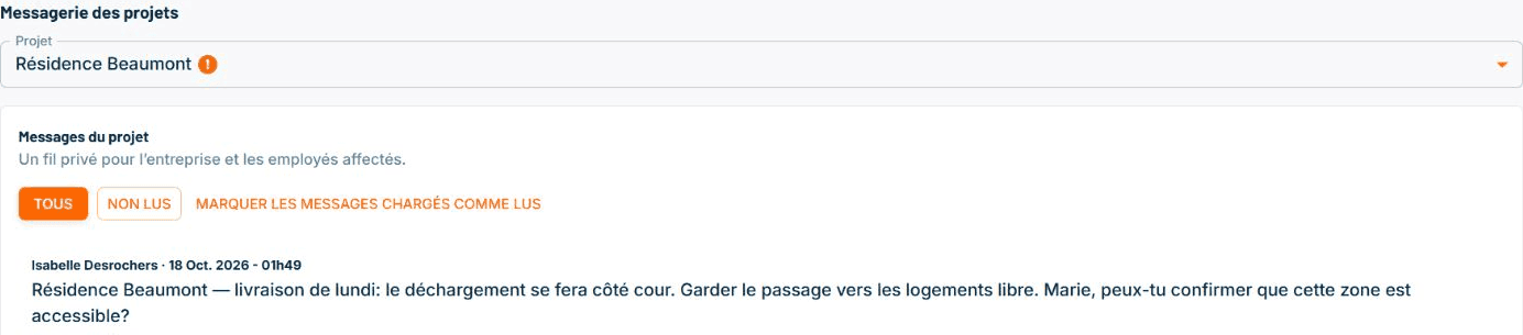 Messagerie du projet Résidence Beaumont avec une consigne de livraison au bureau