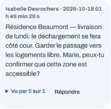 Consigne de livraison envoyée par Isabelle Desrochers et affichée sur le cellulaire