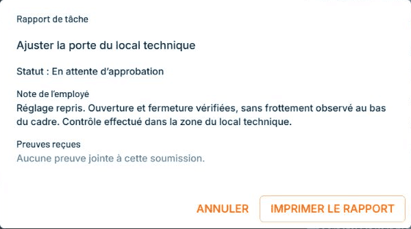 Rapport de tâche en attente d’approbation avec la note de résultat de l’employée